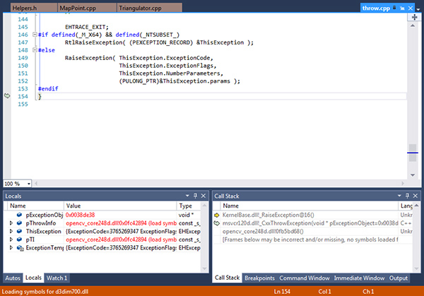 Frames below may be incorrect and/or missing, no symbols loaded for opencv_core248d.dll