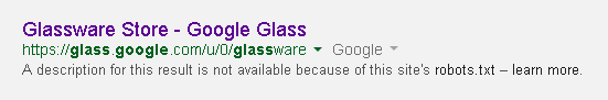 Google about the Glassware Store: "A description for this result is not available because of this site's robots.txt"